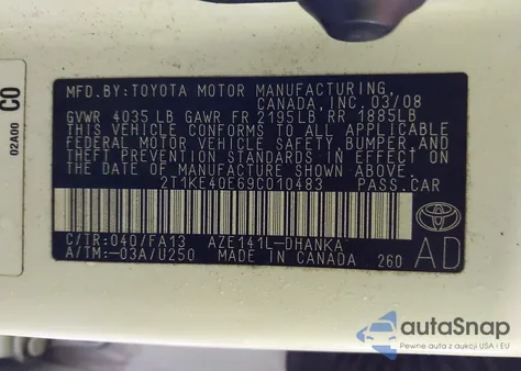 2009 Toyota Matrix S z USA, uszkodzony, nr VIN 2T1KE40E69C010483